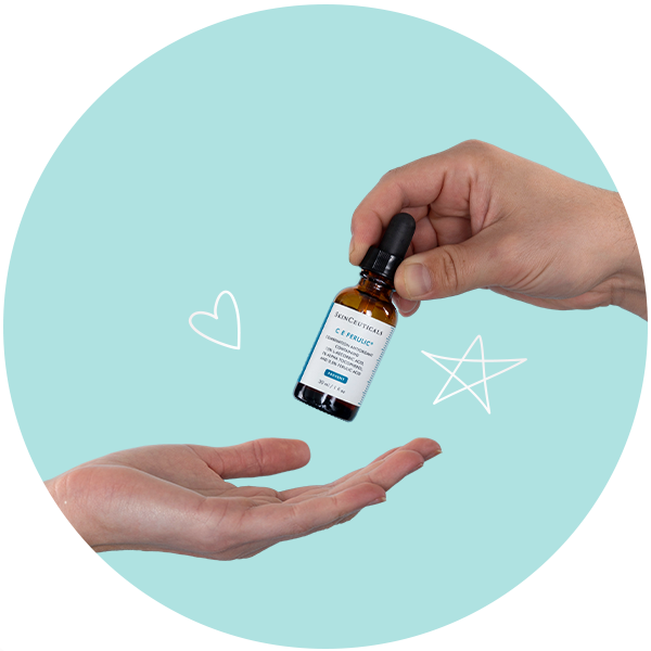 Blue banner with dark blue circle showing hands holding SkinCeuticals CE Ferulic Serum with icons