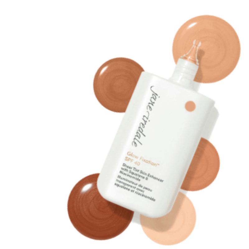 jane iredale glow fixation skin enhancer on light berry background with product swatches